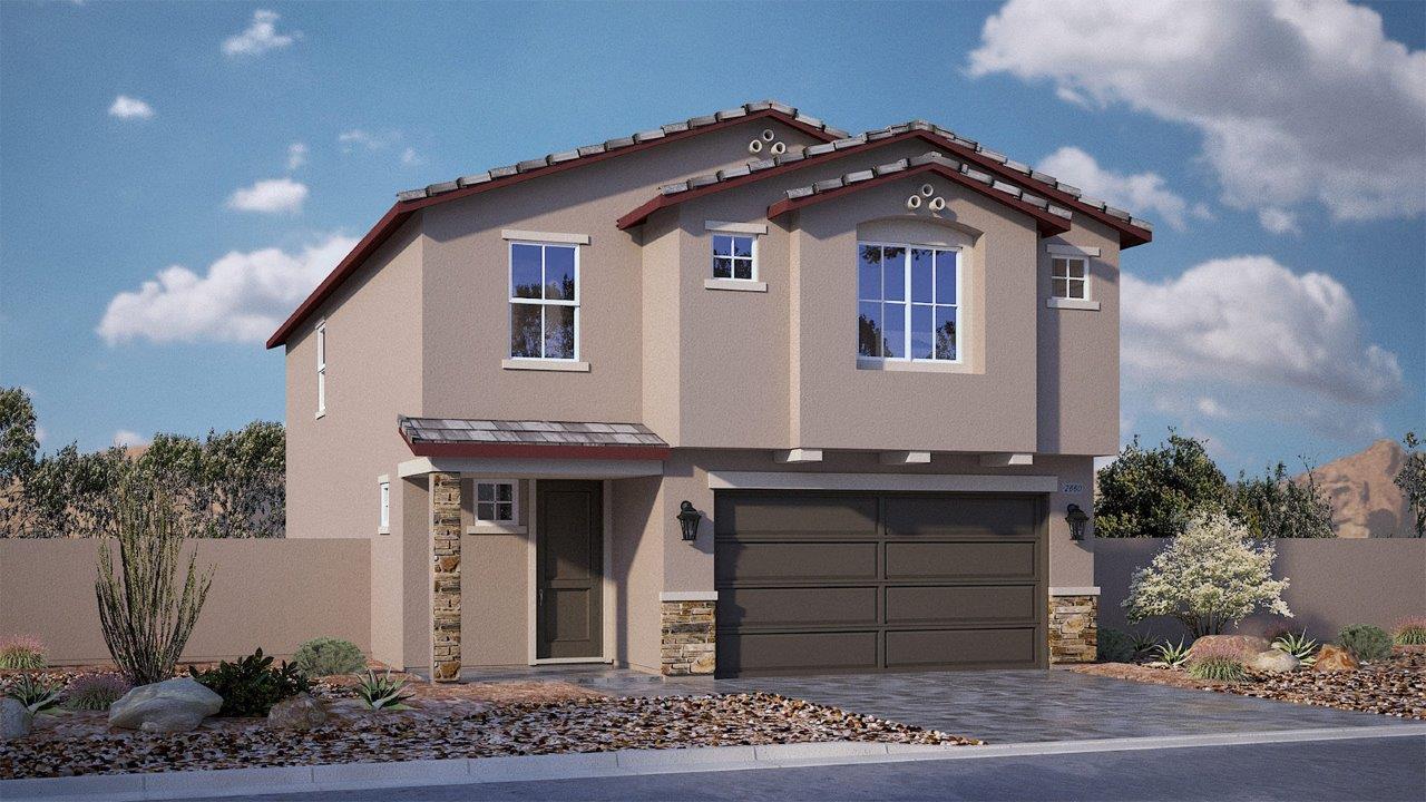 Our 2660  two story model home in the Tropical Falls community with a flat tile roof, 2-car garage, front yard landscaping, and paver walkways.