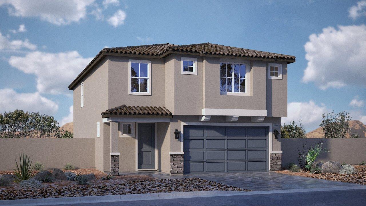 Our 2660  two story model home in the Tropical Falls community with a flat tile roof, 2-car garage, front yard landscaping, and paver walkways.