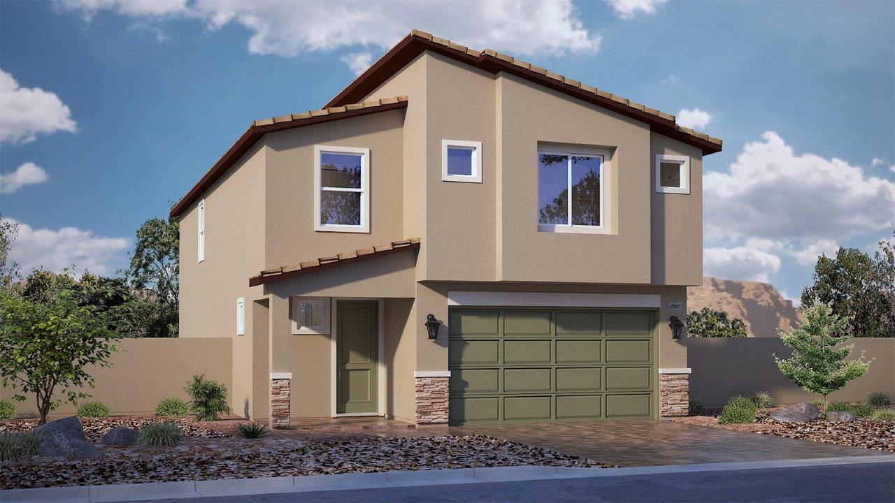 Our 2660  two story model home in the Tropical Falls community with a flat tile roof, 2-car garage, front yard landscaping, and paver walkways.