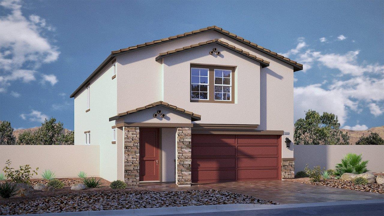 Our 3000 two story model home in the Tropical Falls community with a flat tile roof, 2-car garage, front yard landscaping, and paver walkways.