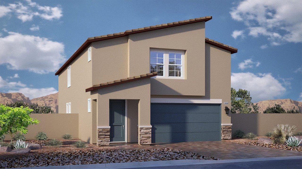 Our 3000 two story model home in the Tropical Falls community with a flat tile roof, 2-car garage, front yard landscaping, and paver walkways.