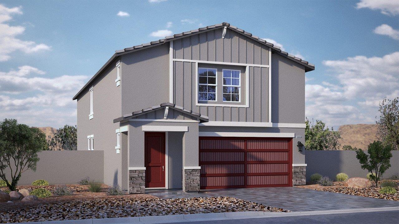 Our 3000 two story model home in the Tropical Falls community with a flat tile roof, 2-car garage, front yard landscaping, and paver walkways.