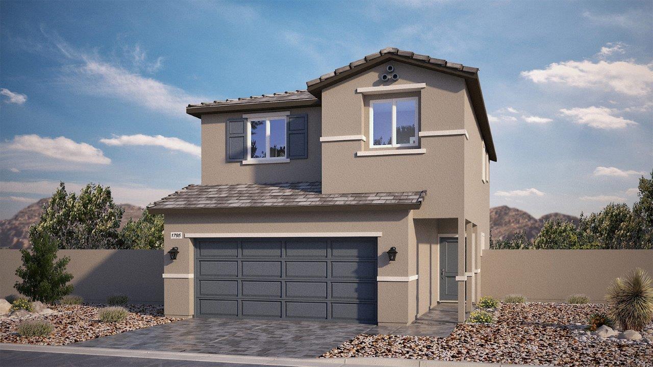 Our 1802 model home in the Meranto Bay community with tan and blue exterior paint schemes, a flat tile roof, front yard landscaping, and paver walkways.