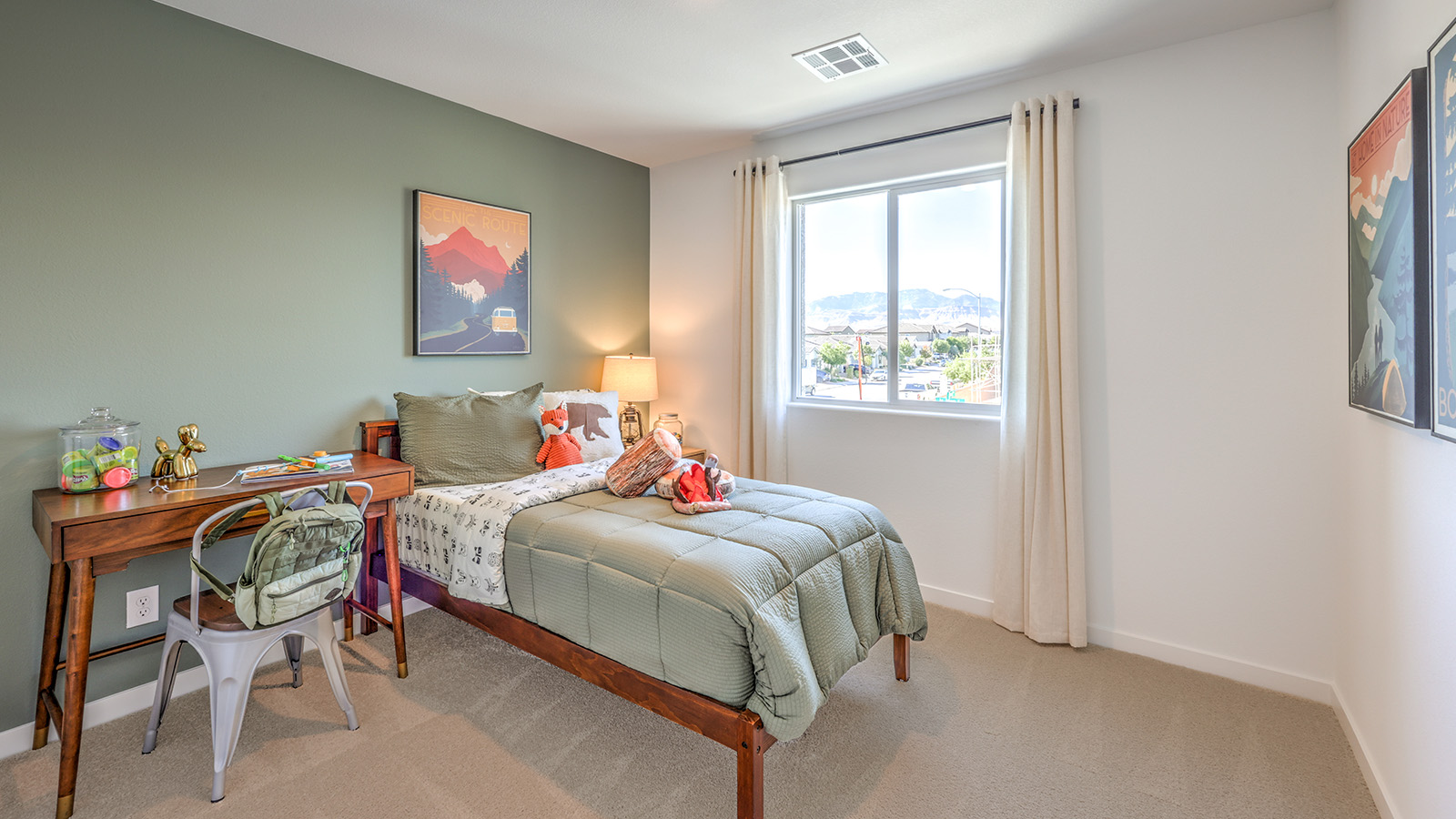 Bedroom Two in our Meranto Bay 1802 model with carpet flooring, a sliding closet, and one window.