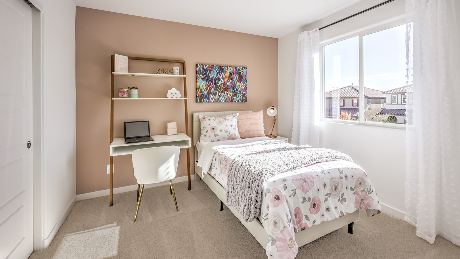 Bedroom Three in our Meranto Bay 1802 model with carpet flooring, a sliding closet, and one window.