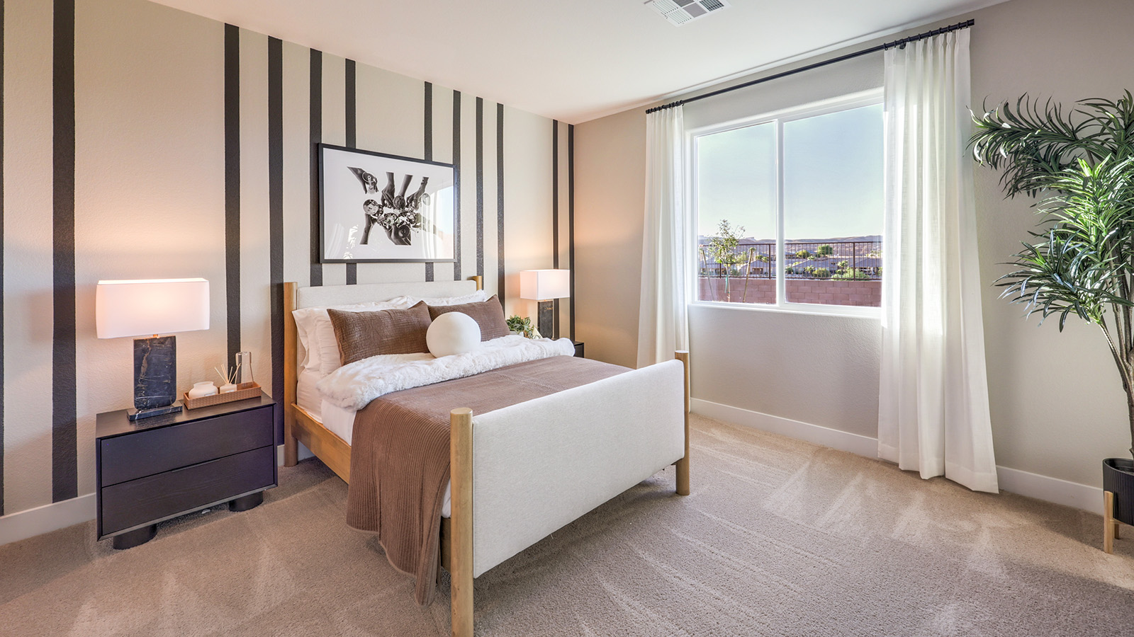 The Majestic Hills 2390 Plan Bedroom 3 featuring plush wall-to-wall carpet, a wide window for natural light, and a double-door closet for convenient storage. This versatile room offers a comfortable layout suitable for a guest room, children’s room, or home office.