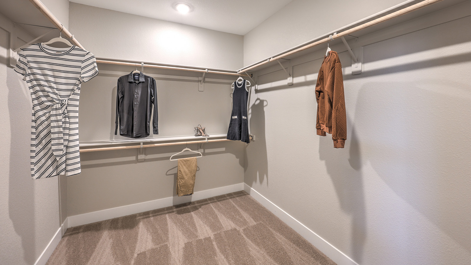 The Majestic Hills 2390 Plan Main Bedroom Suite Walk-In Closet featuring plush wall-to-wall carpet, built-in shelving, and double-level hanging rods. This spacious and well-lit closet offers ample storage and organization, conveniently accessible from the ensuite bathroom for everyday ease and comfort.