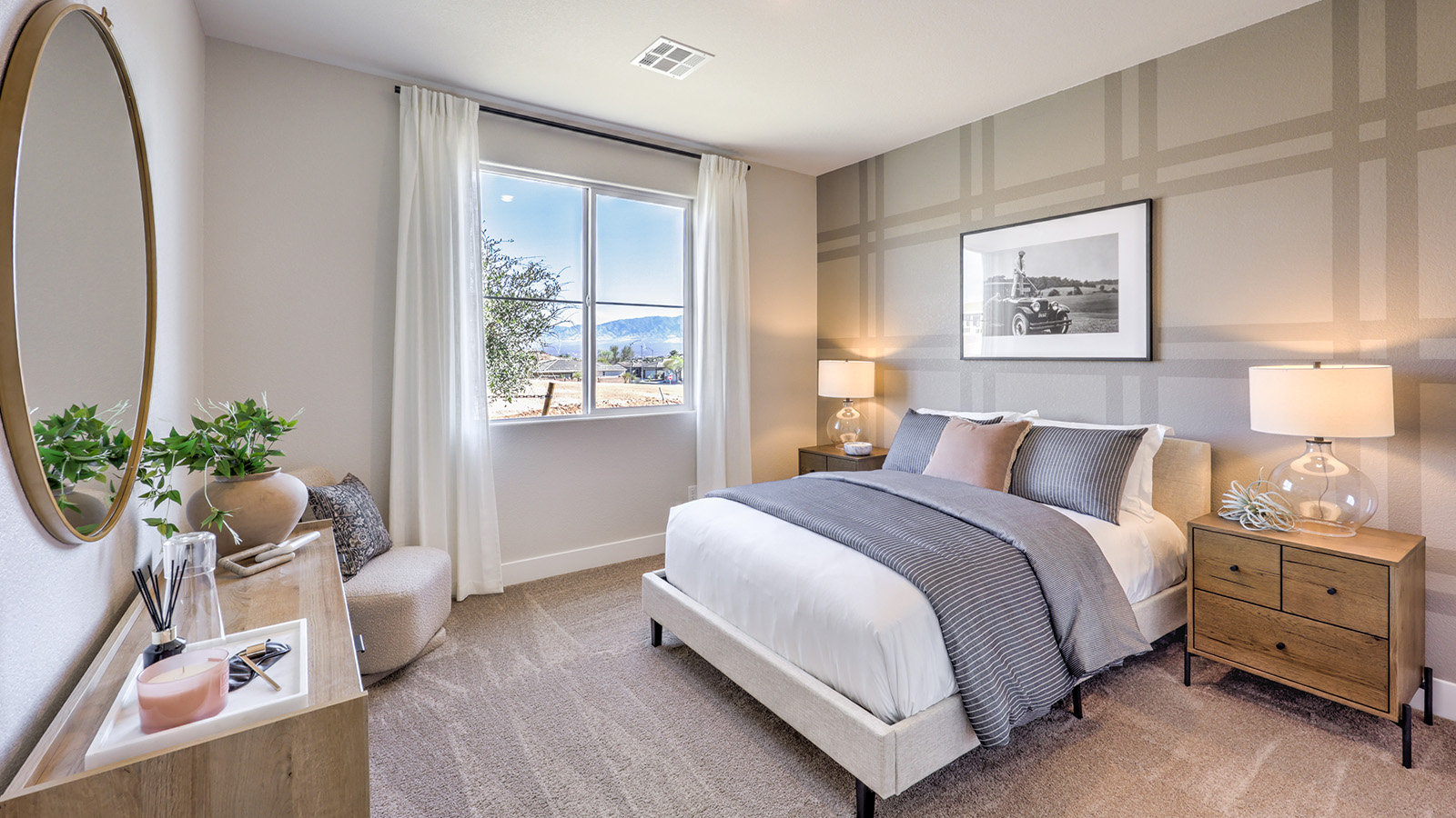 Bedroom Three in our Majestic Hills 1617 model with carpet flooring and a large window.