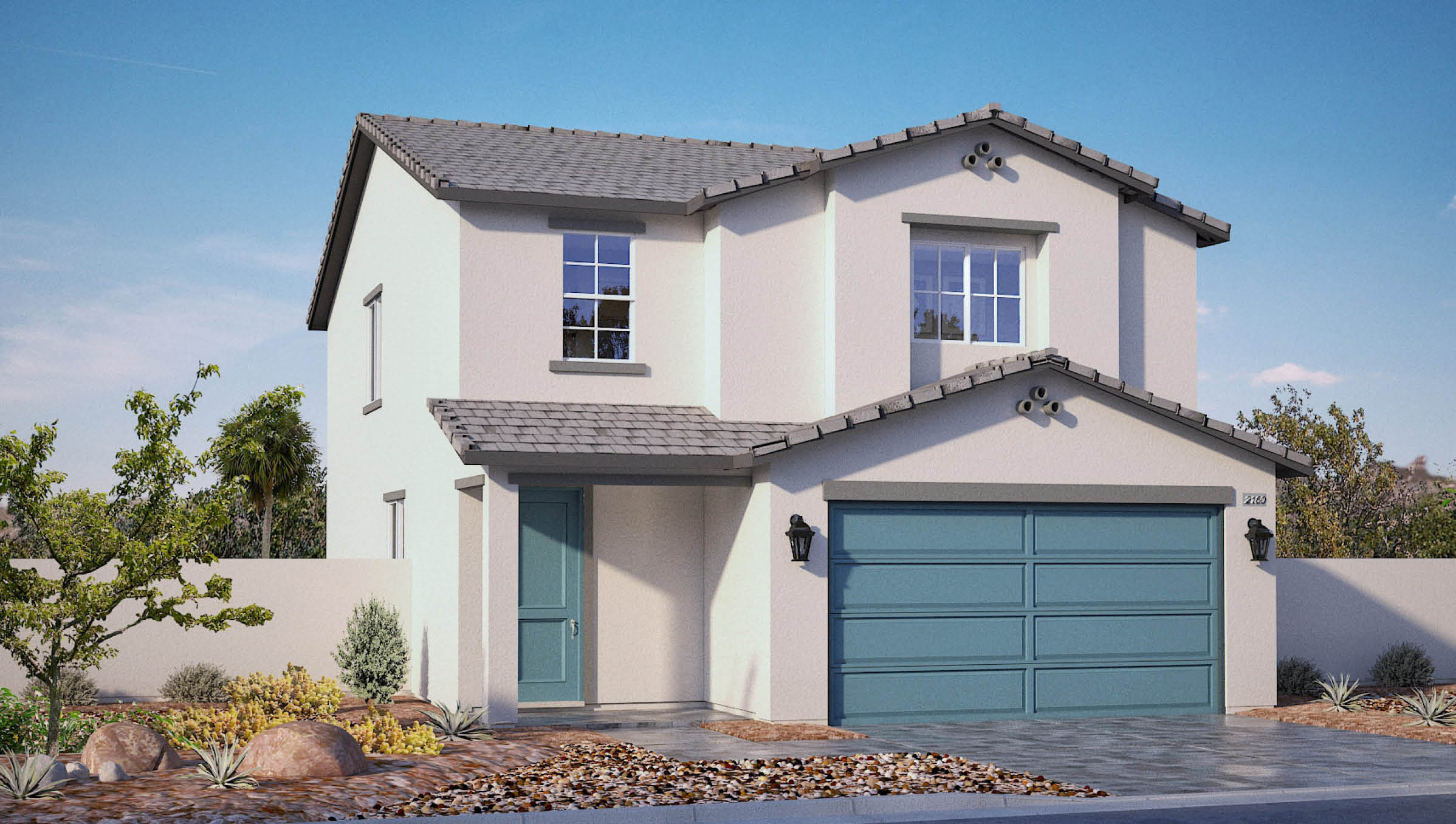 Our 2160model home in the Sky Falls community with white and blue exterior paint schemes, a flat tile roof, 2-car garage, front yard landscaping, and paver walkways.