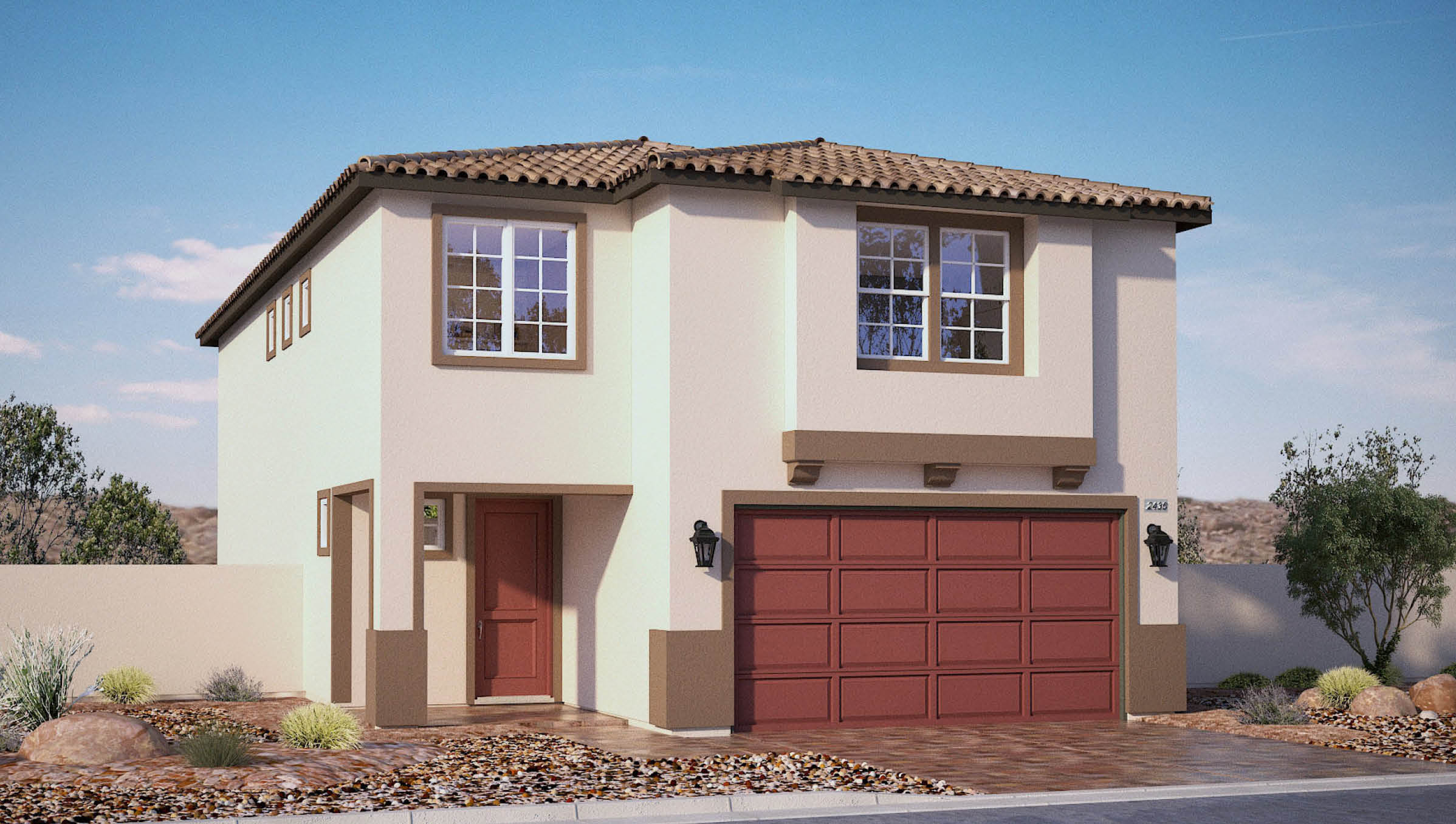 Our 2436 model home in the Azure Falls community with white and red exterior paint schemes, a flat tile roof, 2-car garage, front yard landscaping, and paver walkways.