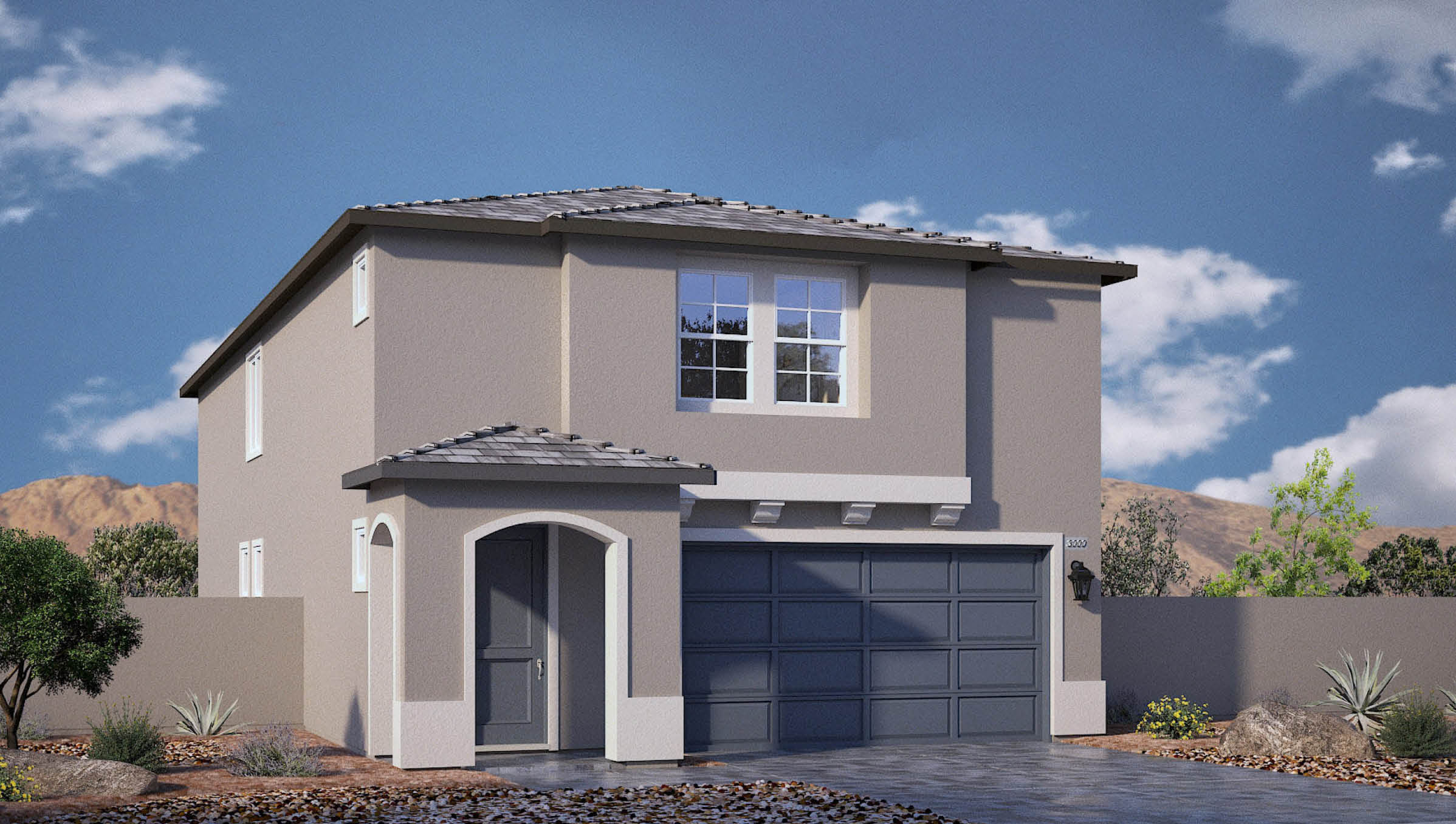 Our 3000  model home in the Sky Falls community with and brown exterior paint schemes, a flat tile roof, 2-car garage, front yard landscaping, and paver walkways.