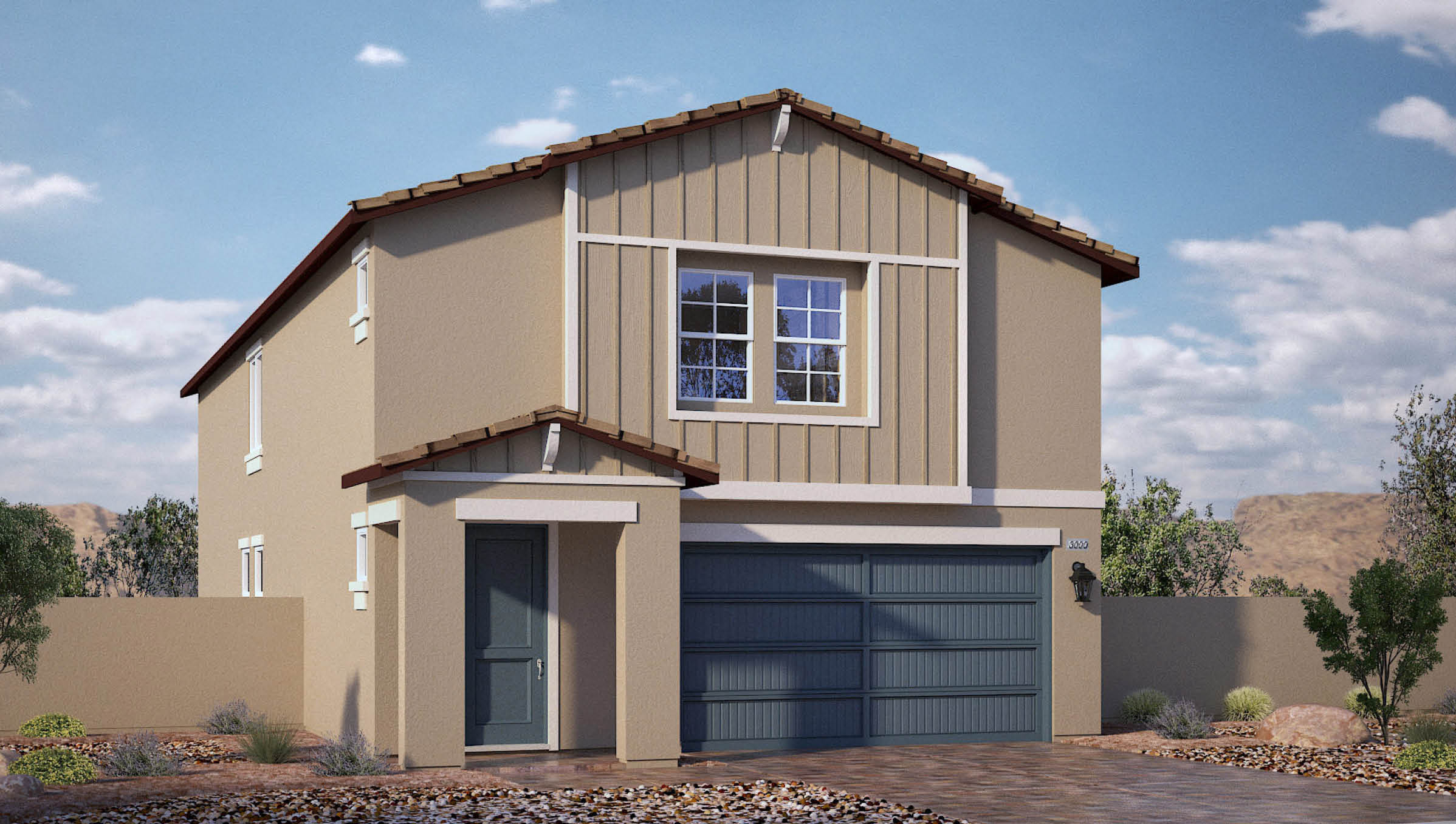 Our 3000  model home in the Sky Falls community with and brown exterior paint schemes, a flat tile roof, 2-car garage, front yard landscaping, and paver walkways.