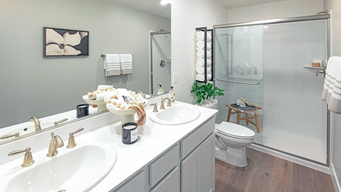 Primary bathroom with walk-in shower and vanity with grey cabinets and white counter