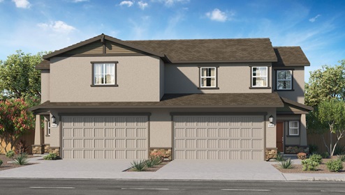 Two story duet rendering with tan exterior and two car garage