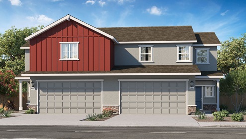 Two story duet rendering with red accent and grey exterior with two car garage