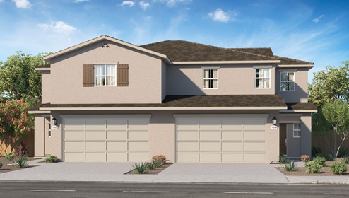 Two story duet rendering with tan exterior and two car garage