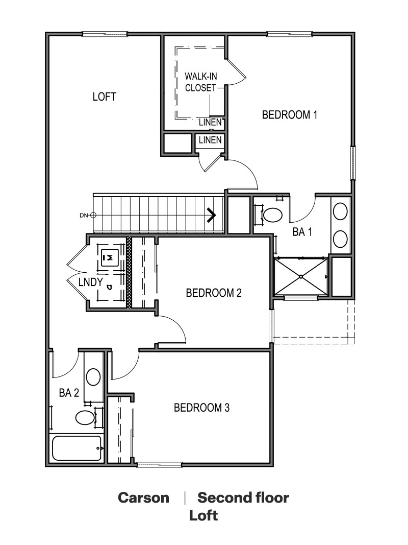 Carson floorplan, second floor layout with three bedrooms and a loft