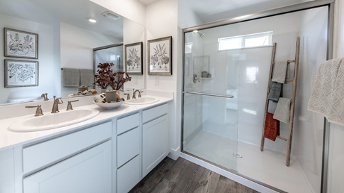 Primary bathroom with walk-in shower and double vanity with light cabinets