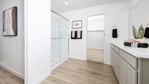 Primary bathroom with walk-in shower, double vanity, and large closet