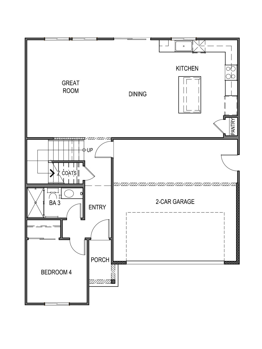 Yellowstone first floor layout with open-concept living area, one bedroom downstairs and two-car garage