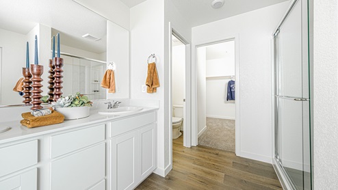Primary bathroom with double vanity, walk-in shower and large walk-in closet