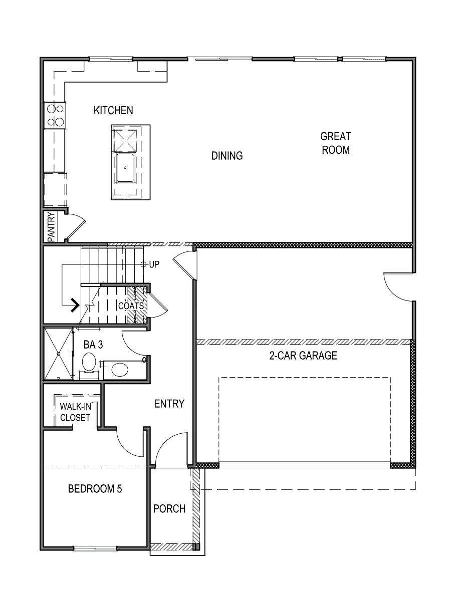 Yosemite floorplan layout floor 1 with open concept living space, interior access the garage, and one bedroom downstairs