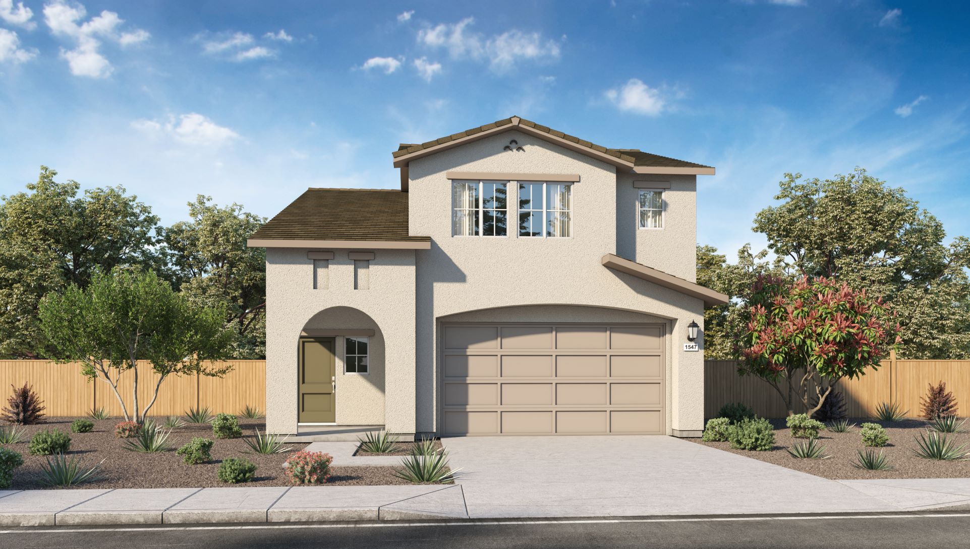 Two-story exterior rendering of Keystone floorplan with stucco exterior