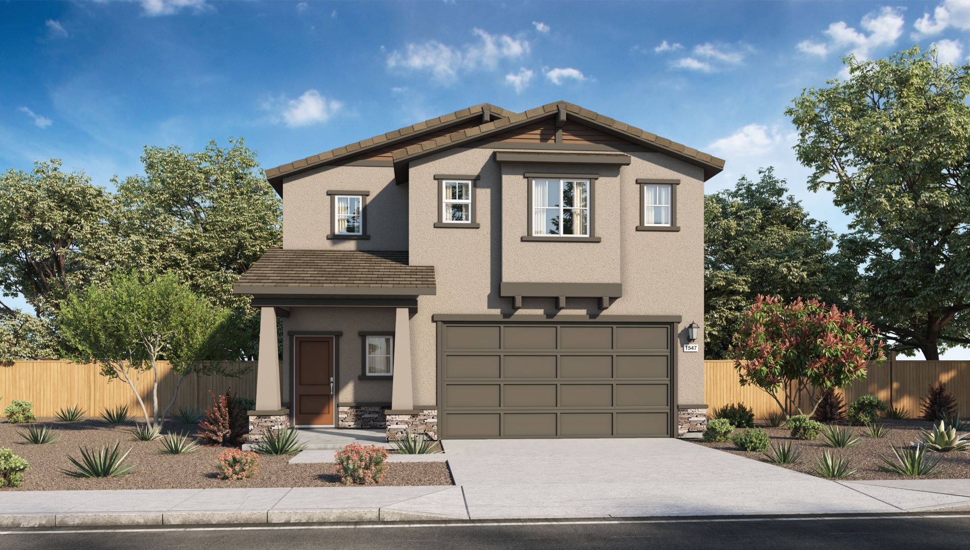 Keystone floorplan two-story rendering option with stucco and stone accents