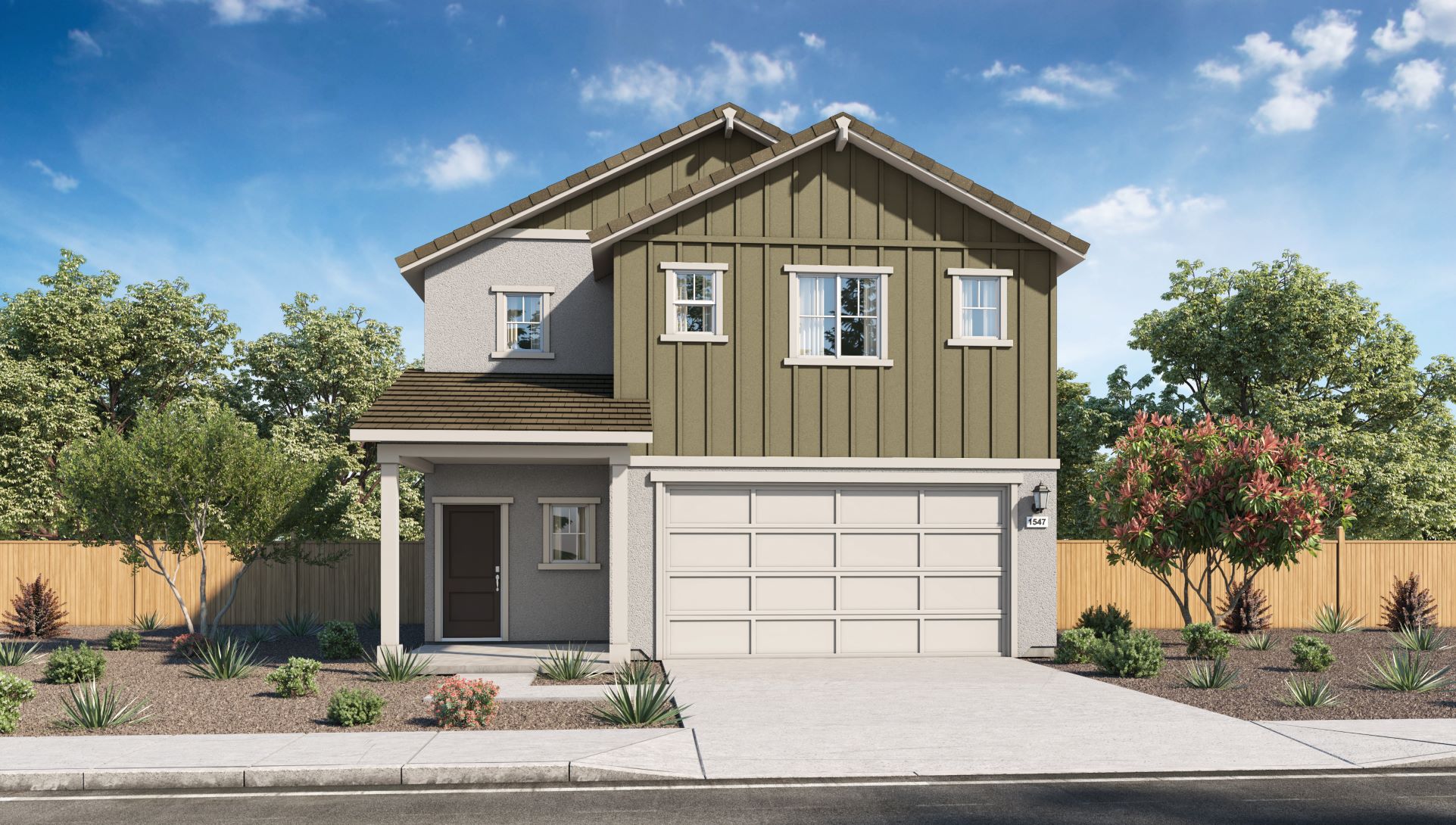 Two-story Keystone floorplan exterior rendering with stucco and board and baton accents