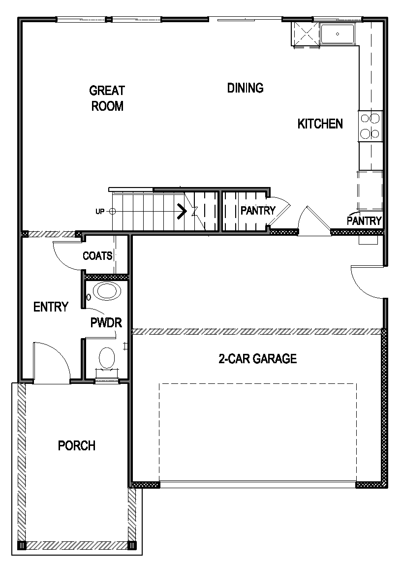 Zephyr floorplan layout first floor with two-car garage and open concept