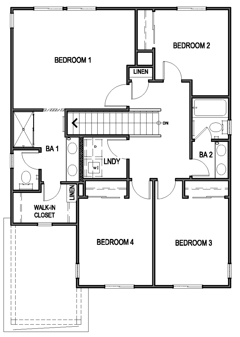 Zephyr floorplan layout second floor with four bedrooms, two bathrooms, and a laundry room