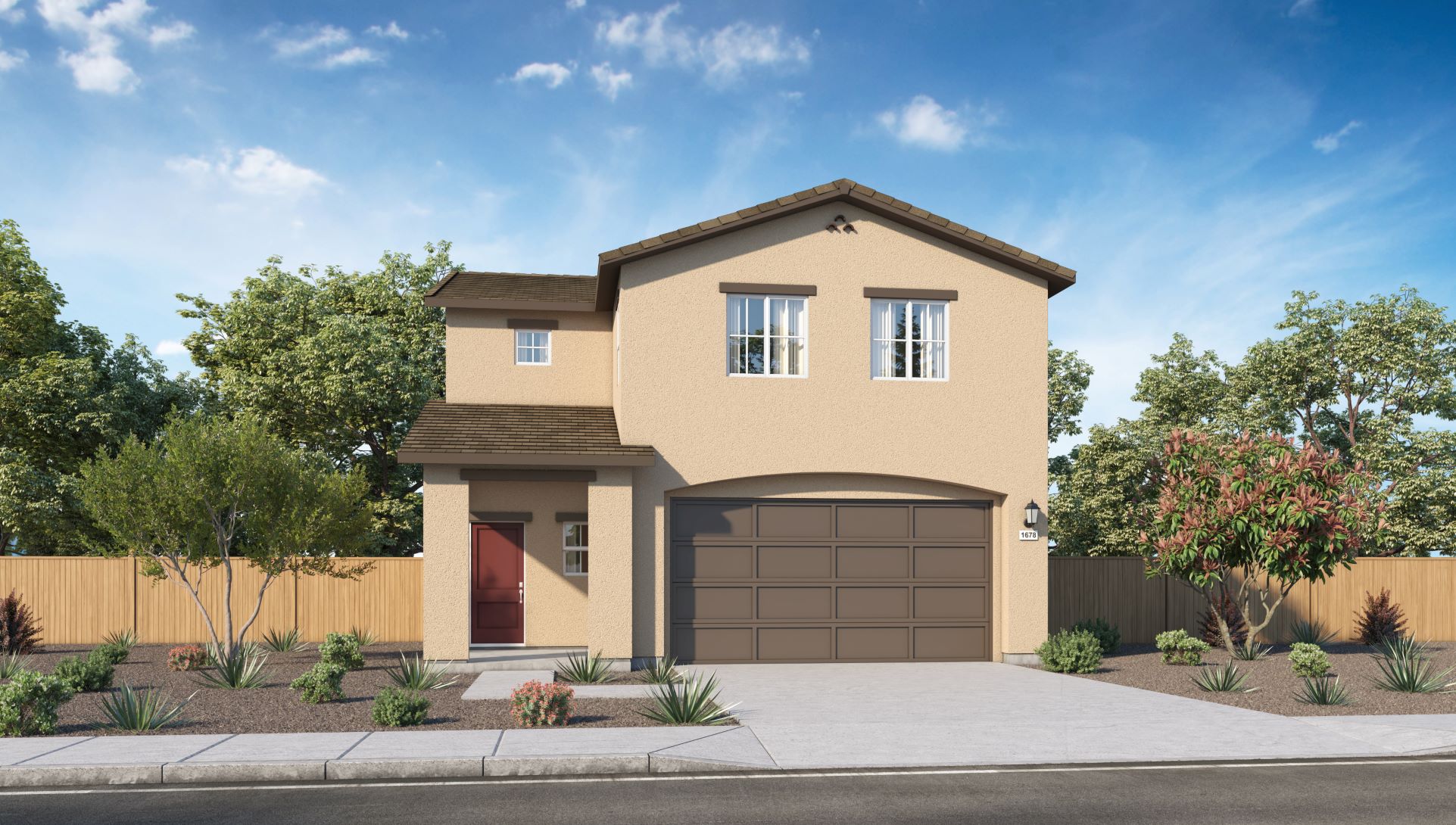 Two-story exterior rendering of Zephyr floorplan with stucco exterior and two-car garage at front of home