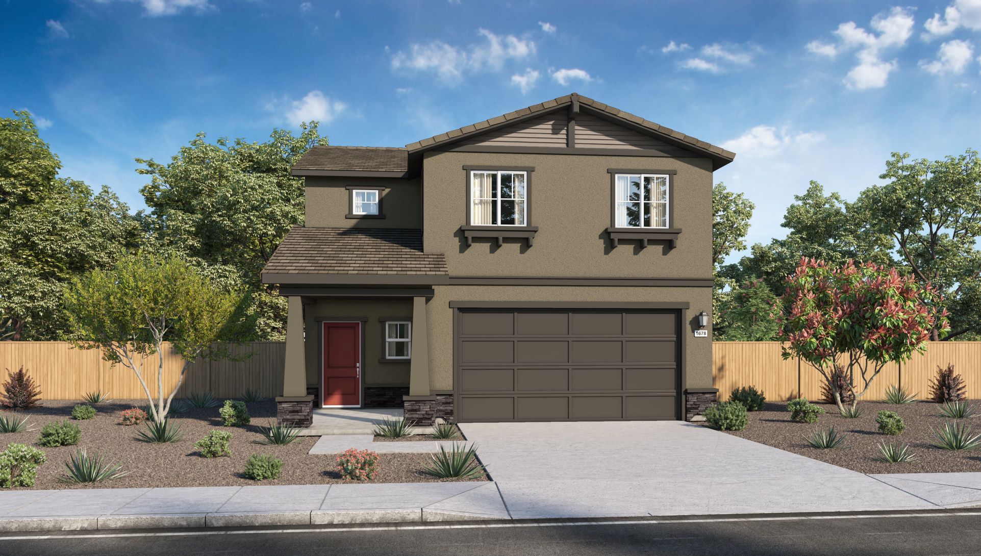 Rendering of two-story Zephyr floorplan with dark exterior and garage at front of the home