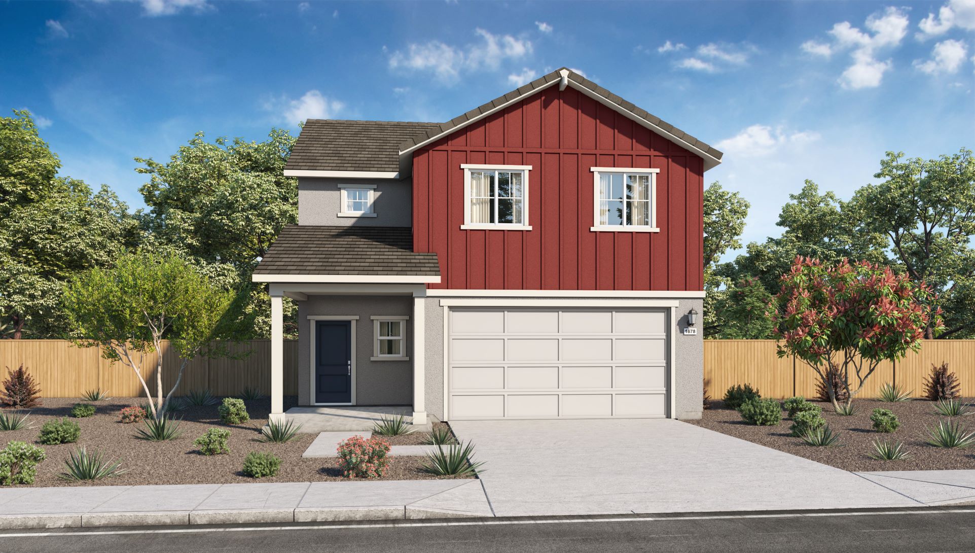 Two-story Zephyr floorplan exterior rendering with stucco and board and baton accents