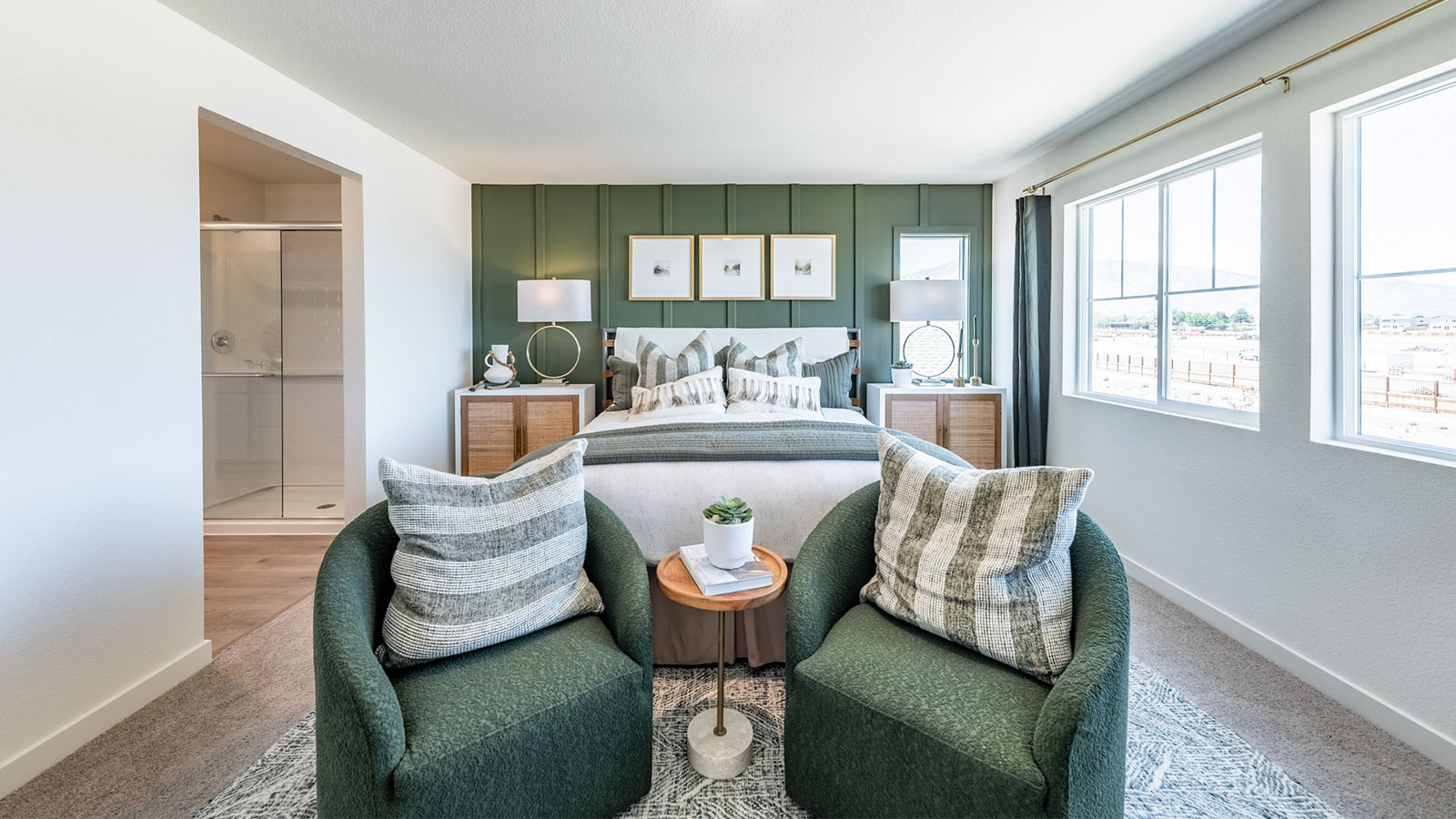 Modern design with room for bed and seating area in the primary bedroom