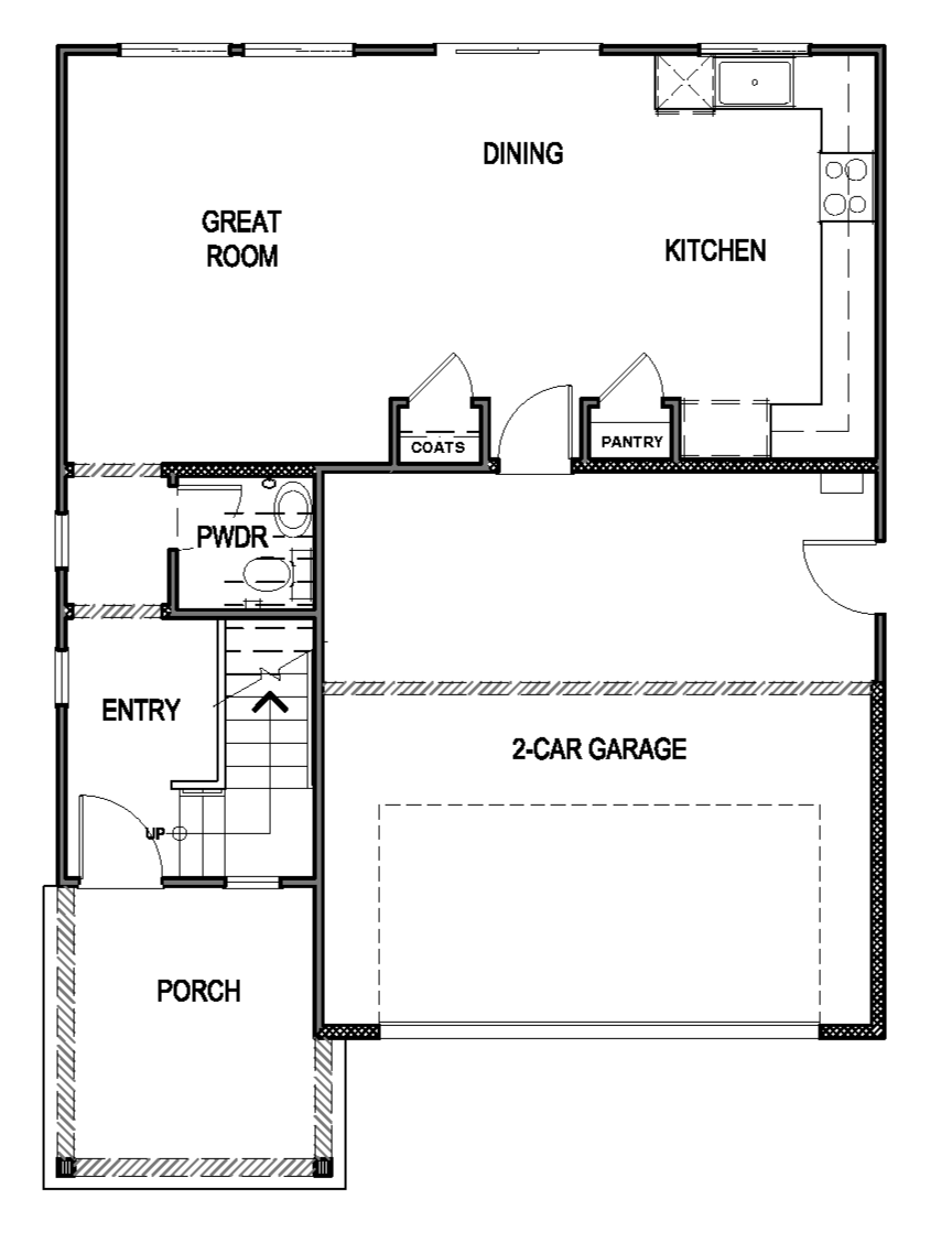 Keystone floorplan layout first floor with two-car garage and open concept