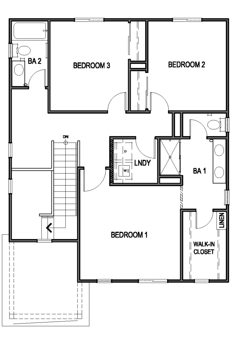 Keystone floorplan layout second floor with three bedrooms, two bathrooms, and a laundry room