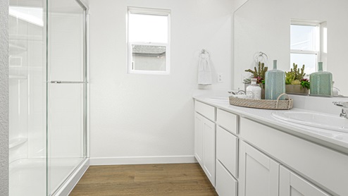 Bright primary bathroom with white countertops and stand-alone shower