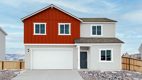 Arroyo Crossing two-story home with red and grey exterior