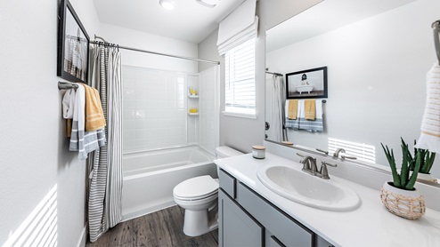 Secondary bathroom with grey cabinets and bath tub