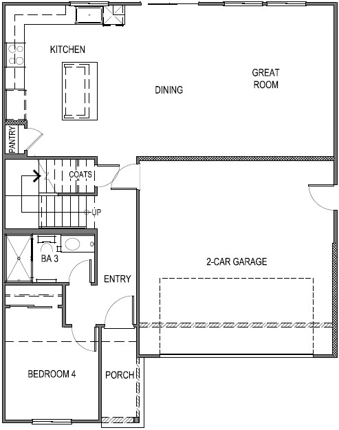 Zion floorplan first floor layout with open-concept living area, two-car garage, and bedroom downstairs