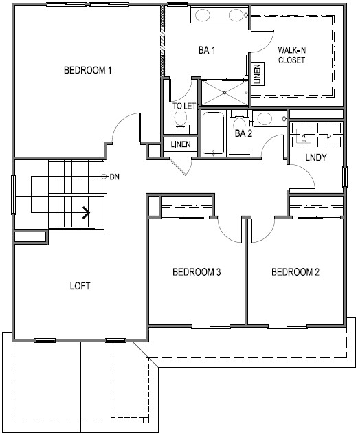 Zion floorplan second floor layout with a large loft, three bedrooms and laundry room