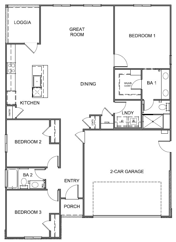 Floorplan Topaz single-story home with three bedrooms and two bathrooms