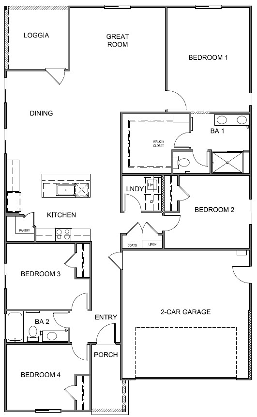 Single-story Tahoe floorplan with four bedrooms and two bathrooms