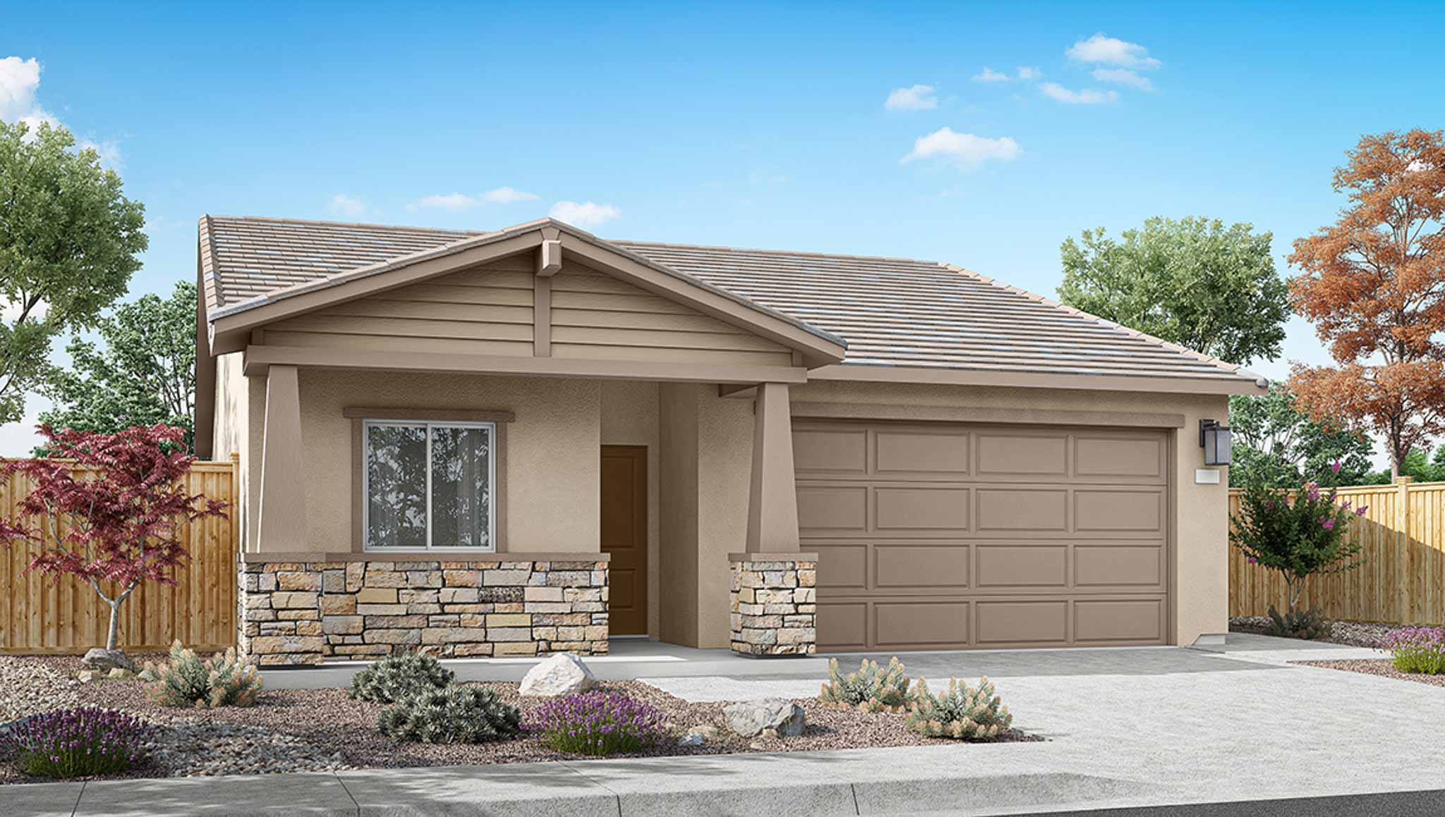 Acadia floorplan rendering of single-story stucco and stone home