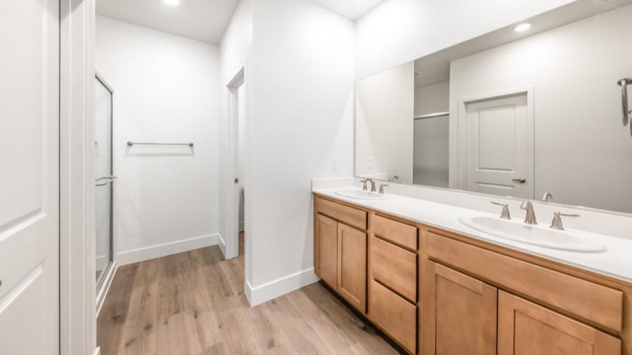 Primary bathroom with vanity, walk-in shower, and separate room for toilet