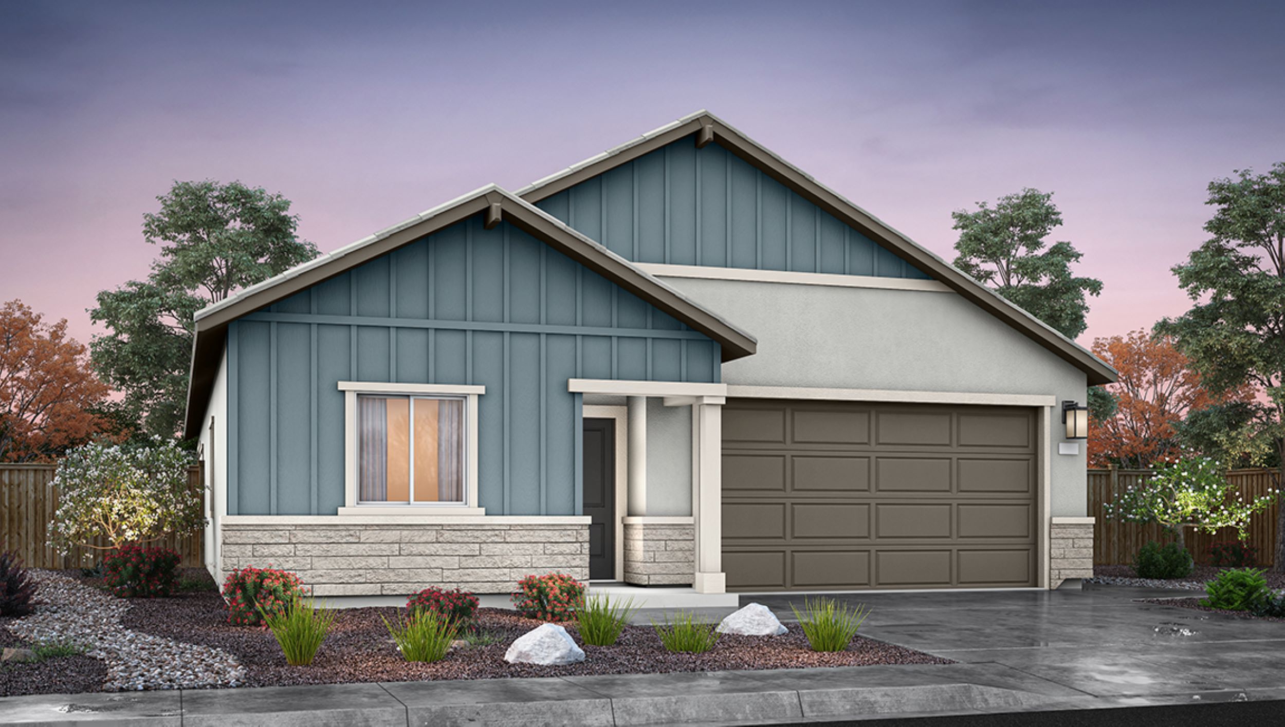 Single-story Donner floorplan rendering with blue board and baton accents
