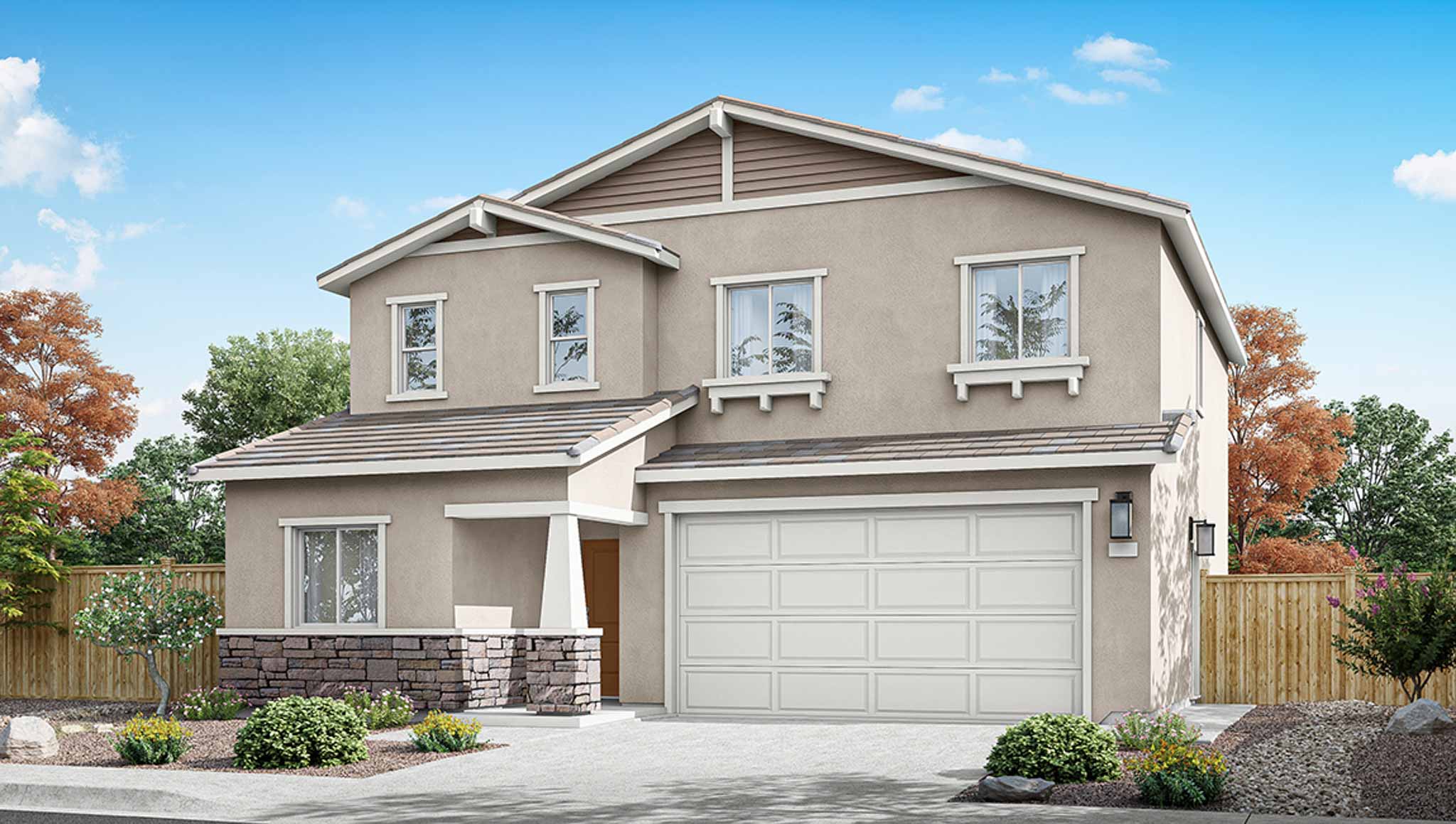 Zion floorplan rendering of the exterior of the home with 2-car garage at the front of the home