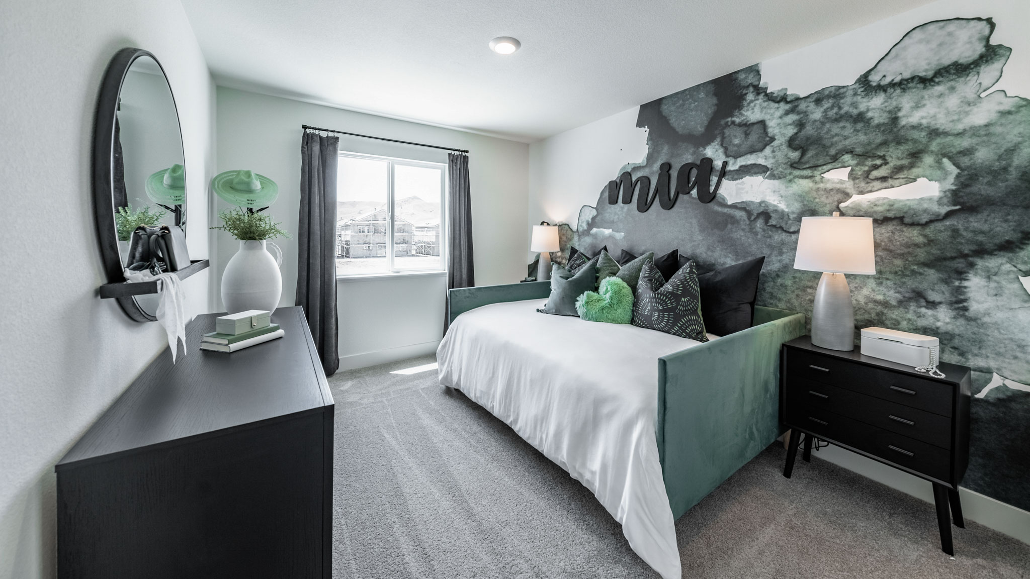Cute children's room with bright decor and large windows