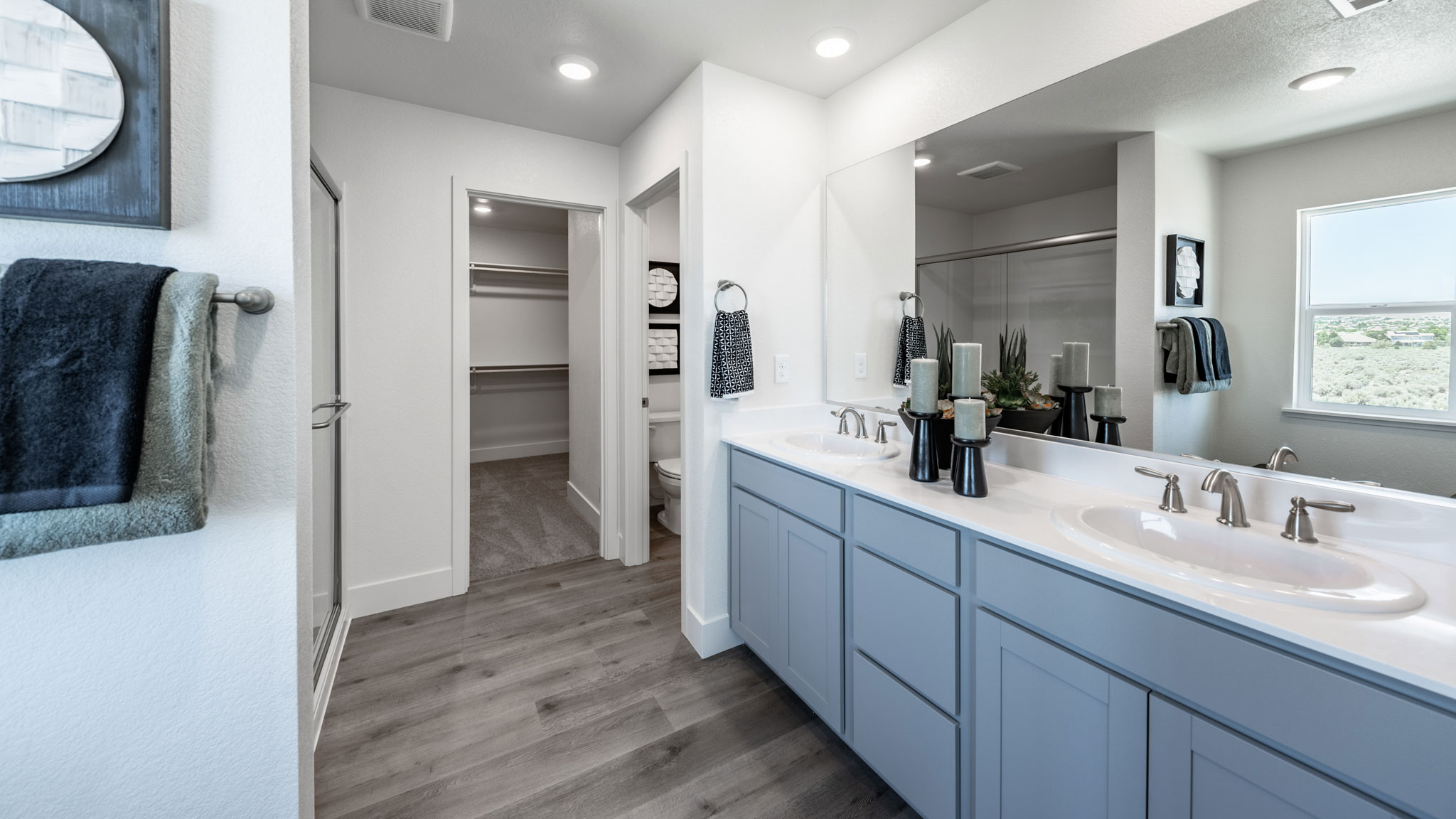 Large primary bathroom with walk-in shower and large walk-in closet